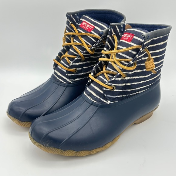Sperry Shoes - Sperry Saltwater Navy Blue Striped Canvas Waterproof Duck Boots W 8 Nautical